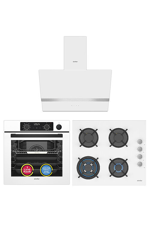 Simfer 11 Fonksiyon Steam Master Beyaz 3'lü Ankastre Set (8245 Fırın + 3509 Ocak + 8739 Davlumbaz) - Simfer