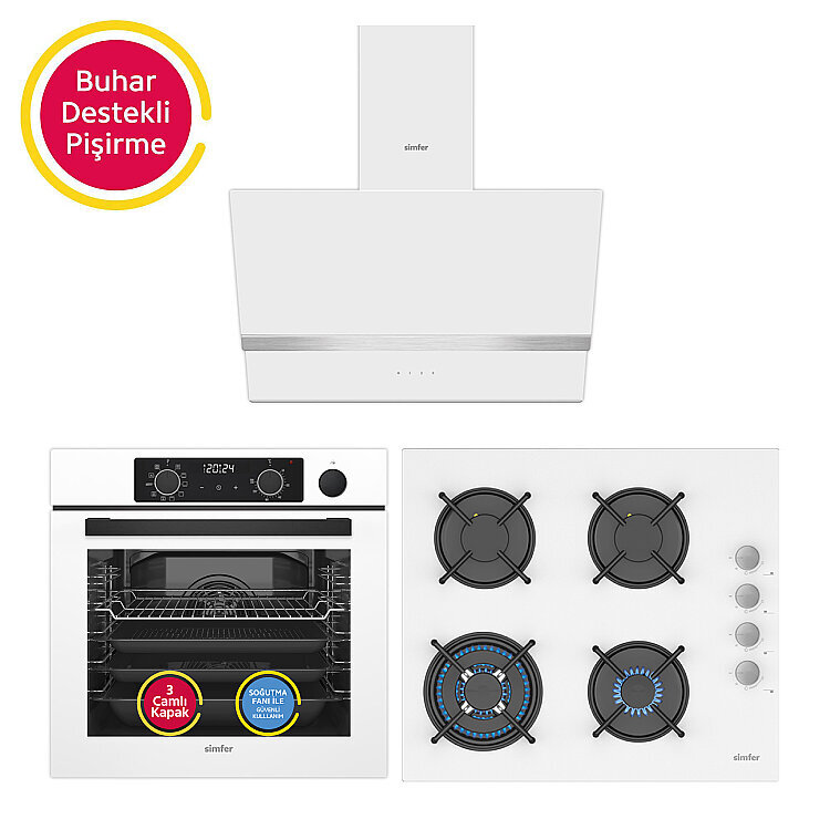 Simfer 11 Fonksiyon Steam Master Beyaz 3'lü Ankastre Set (8245 Fırın + 3509 Ocak + 8739 Davlumbaz) - Simfer