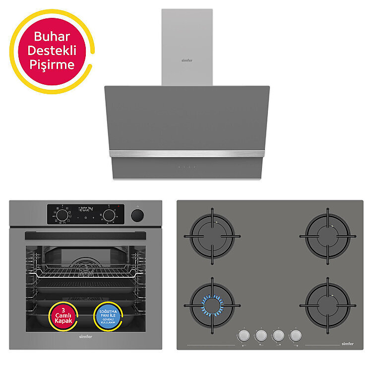 Simfer 11 Fonksiyon Steam Master Gri 3'lü Ankastre Set (8246 Fırın + 3656 Ocak + 8740 Davlumbaz) - Simfer