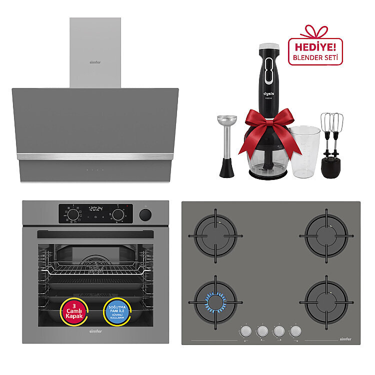 Simfer 0+10 Fonksiyon Steam Master Gri 3'lü Ankastre Set (8246 Fırın + 3656 Ocak + 8740 Davlumbaz) - Simfer