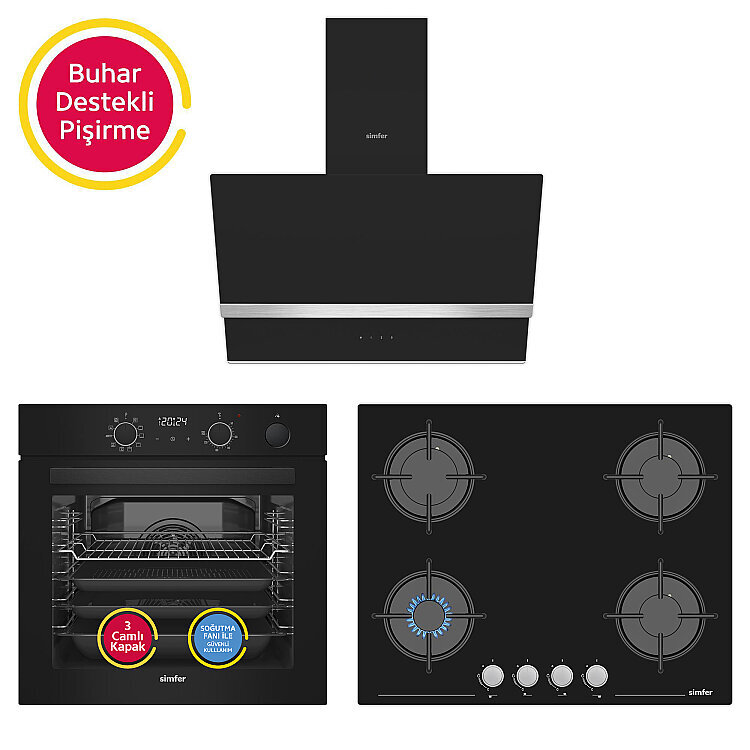 Simfer 11 Fonksiyon Steam Master Siyah 3'lü Ankastre Set (8244 Fırın + 3653 Ocak + 8738 Davlumbaz) - 1