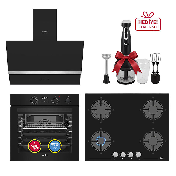 Simfer 0+10 Fonksiyon Steam Master Siyah 3'lü Ankastre Set (8244 Fırın + 3653 Ocak + 8738 Davlumbaz) - Simfer