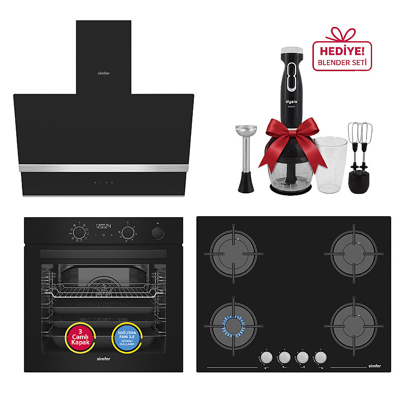 Simfer 0+10 Fonksiyon Steam Master Siyah 3'lü Ankastre Set (8244 Fırın + 3653 Ocak + 8738 Davlumbaz) - 1