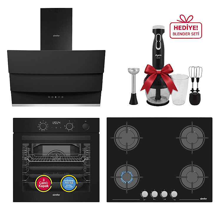 Simfer 0+10 Fonksiyon Steam Master Siyah 3'lü Ankastre Set (8244 Fırın + 3653 Ocak + 8678 Davlumbaz) - Simfer