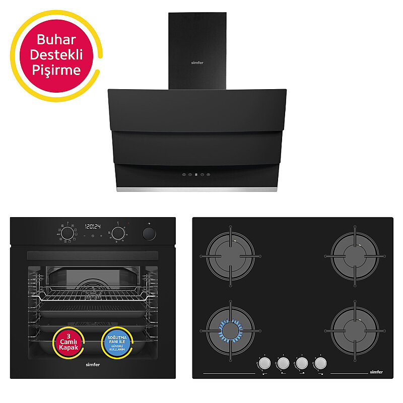 Simfer 0+10 Fonksiyon Steam Master Siyah 3'lü Ankastre Set (8244 Fırın + 3653 Ocak + 8678 Davlumbaz) - 2