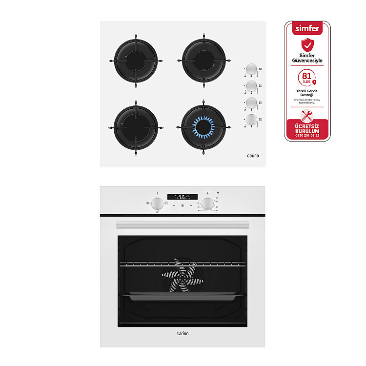Carino 0+3 Fonksiyon Dijital Beyaz Power Turbo 2'li Cam Ocaklı Ankastre Set (Fırın+Ocak) - Carino