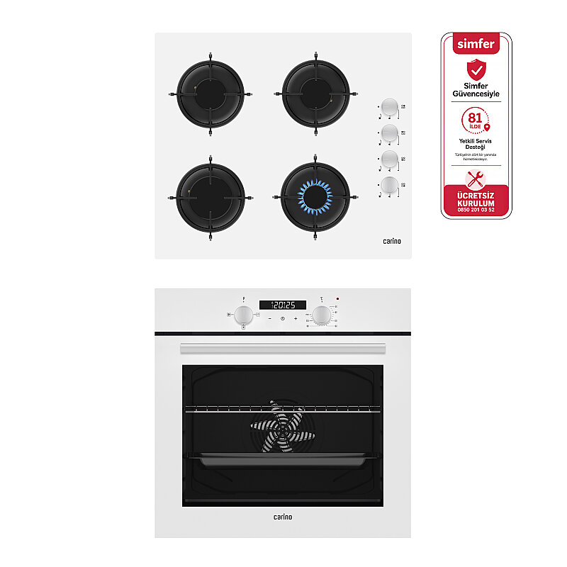 Carino 0+3 Fonksiyon Dijital Beyaz Power Turbo 2'li Cam Ocaklı Ankastre Set (Fırın+Ocak) - 1