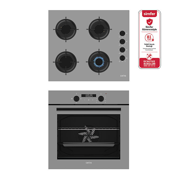 Carino 0+3 Fonksiyon Dijital Gri Power Turbo 2'li Cam Ocaklı Ankastre Set (Fırın+Ocak) - Carino