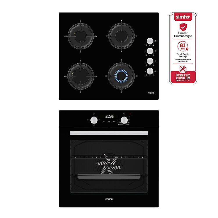 Carino 0+3 Fonksiyon Dijital Siyah Power Turbo 2'li Cam Ocaklı Ankastre Set (Fırın+Ocak) - Carino