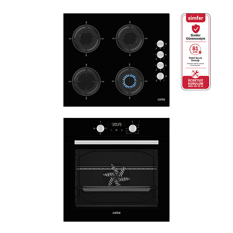 Carino 0+3 Fonksiyon Dijital Siyah Power Turbo 2'li Cam Ocaklı Ankastre Set (Fırın+Ocak) - 1