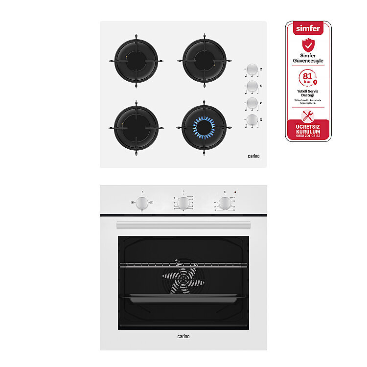 Carino 0+3 Fonksiyon Mekanik Beyaz Power Turbo 2'li Cam Ocaklı Ankastre Set (Fırın+Ocak) - Carino