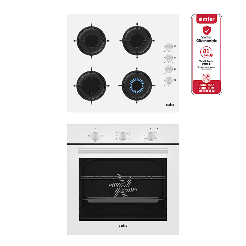 Carino 0+3 Fonksiyon Mekanik Beyaz Power Turbo 2'li Cam Ocaklı Ankastre Set (Fırın+Ocak) - 1