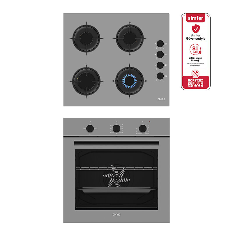 Carino 0+3 Fonksiyon Mekanik Gri Power Turbo 2'li Cam Ocaklı Ankastre Set (Fırın+Ocak) - 1