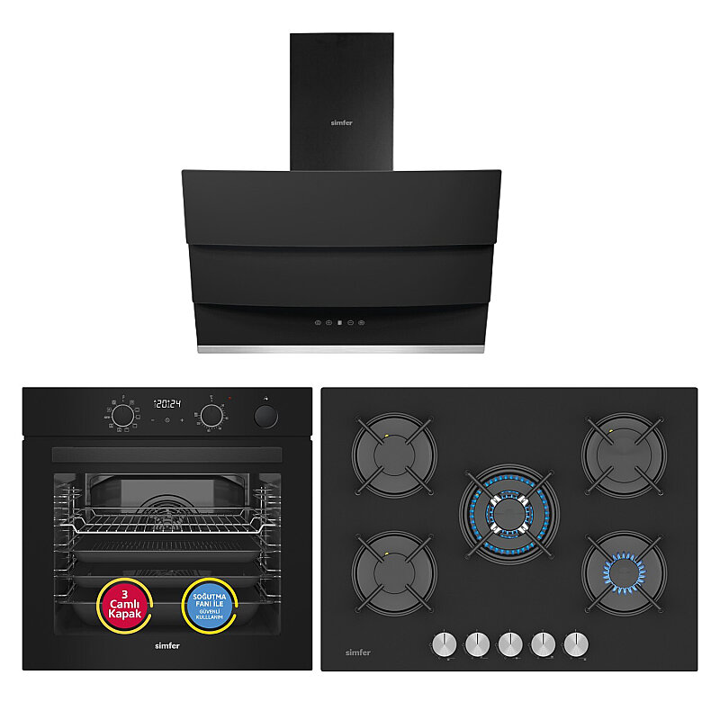 Simfer 0+10 Fonksiyon Steam Master Siyah 3'lü Ankastre Set ( 8244 Fırın - 3750 Ocak - 8678 Davlumbaz) - 1