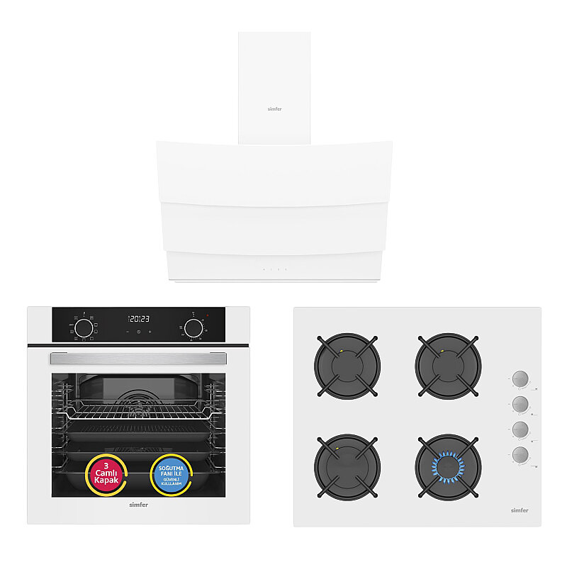 Simfer 0+9 Fonksiyon Airfry Beyaz 3'lü Ankastre Set (8216 Fırın + 3507 Ocak + 8707 Davlumbaz) - 2