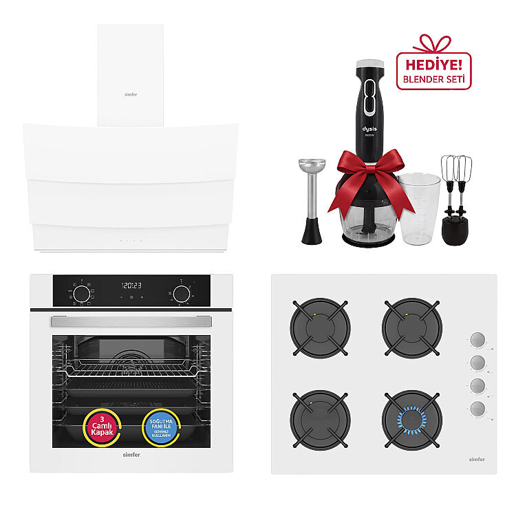 Simfer 0+9 Fonksiyon Airfry Beyaz 3'lü Ankastre Set (8216 Fırın + 3507 Ocak + 8707 Davlumbaz) - Simfer