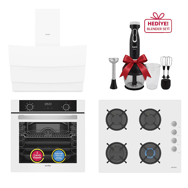 Simfer 0+9 Fonksiyon Airfry Beyaz 3'lü Ankastre Set (8216 Fırın + 3507 Ocak + 8707 Davlumbaz) - 1