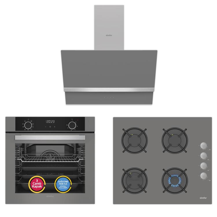 Simfer 10 Fonksiyon Airfry Gri 3'lü Ankastre Set (8217 Fırın + 3538 Ocak + 8740 Davlumbaz) - Simfer