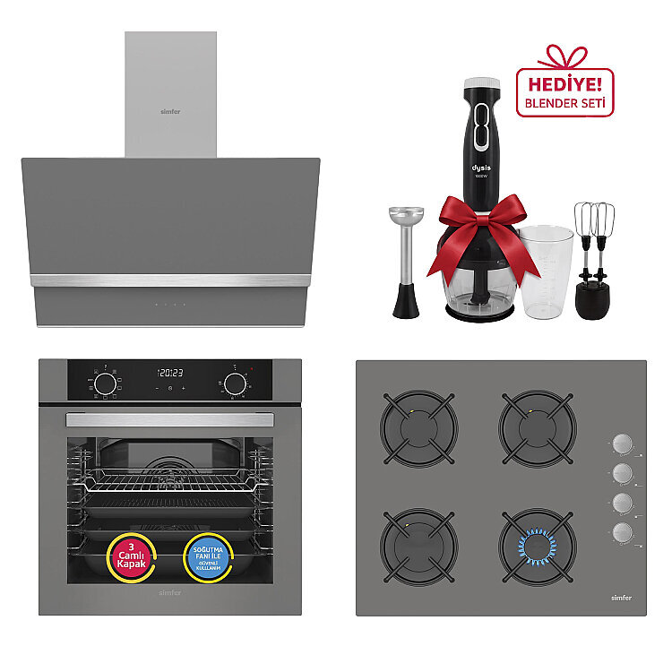 Simfer 0+9 Fonksiyon Airfry Gri 3'lü Ankastre Set (8217 Fırın + 3538 Ocak + 8740 Davlumbaz) - 1
