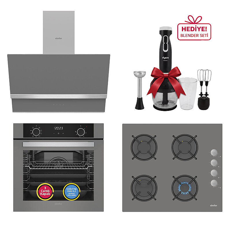 Simfer 0+9 Fonksiyon Airfry Gri 3'lü Ankastre Set (8217 Fırın + 3538 Ocak + 8740 Davlumbaz) - 1