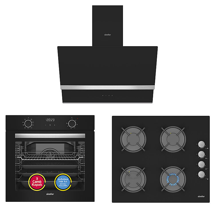 Simfer 10 Fonksiyon Airfry Siyah Dijital 3'lü Ankastre Set(8215 Fırın + 3500 Ocak + 8738 Davlumbaz) - Simfer
