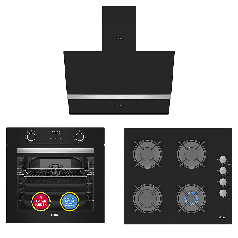 Simfer 10 Fonksiyon Airfry Siyah Dijital 3'lü Ankastre Set(8215 Fırın + 3500 Ocak + 8738 Davlumbaz) - 1
