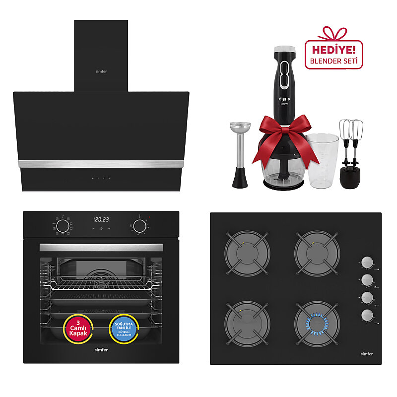 Simfer 0+9 Fonksiyon Airfry Siyah Dijital 3'lü Ankastre Set(8215 Fırın + 3500 Ocak + 8738 Davlumbaz) - 1