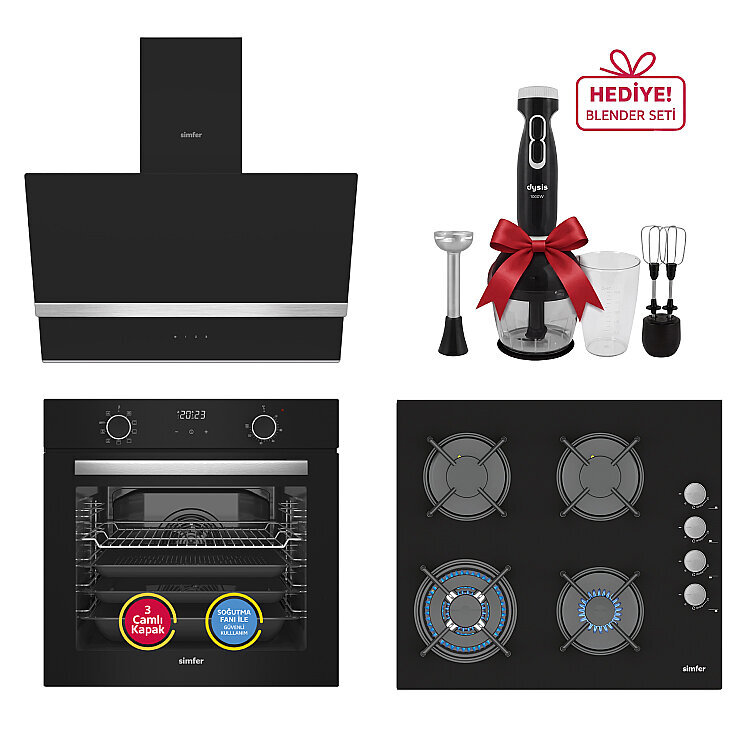 Simfer 0+9 Fonksiyon Airfry Siyah Dijital 3'lü Ankastre Set(8215 Fırın + 3508 Ocak + 8738 Davlumbaz) - Simfer