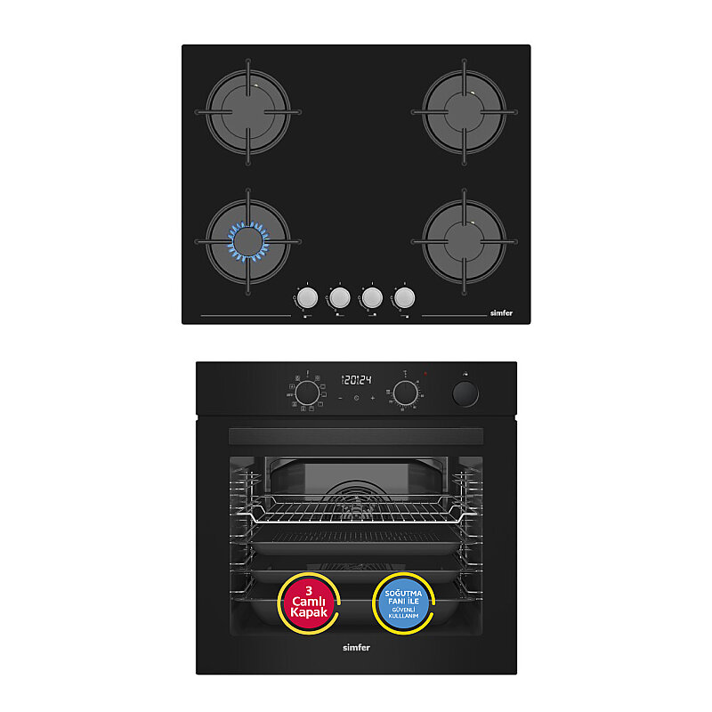 Simfer 0+10 Fonksiyon Steam Master Siyah 2'li Ankastre Set (8244 Fırın + 3653 Ocak) - 1