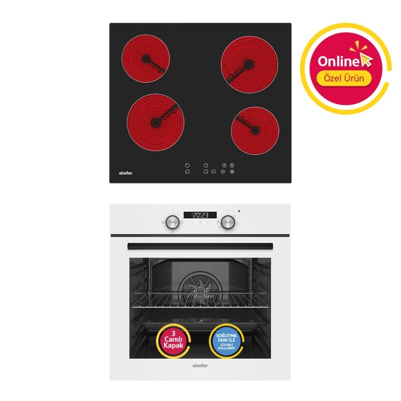 Simfer 4 Fonksiyon Trend Dijital Beyaz Power Turbo Elektrikli 2'li Ankastre Set (Fırın + Elektrikli Ocak) - 1