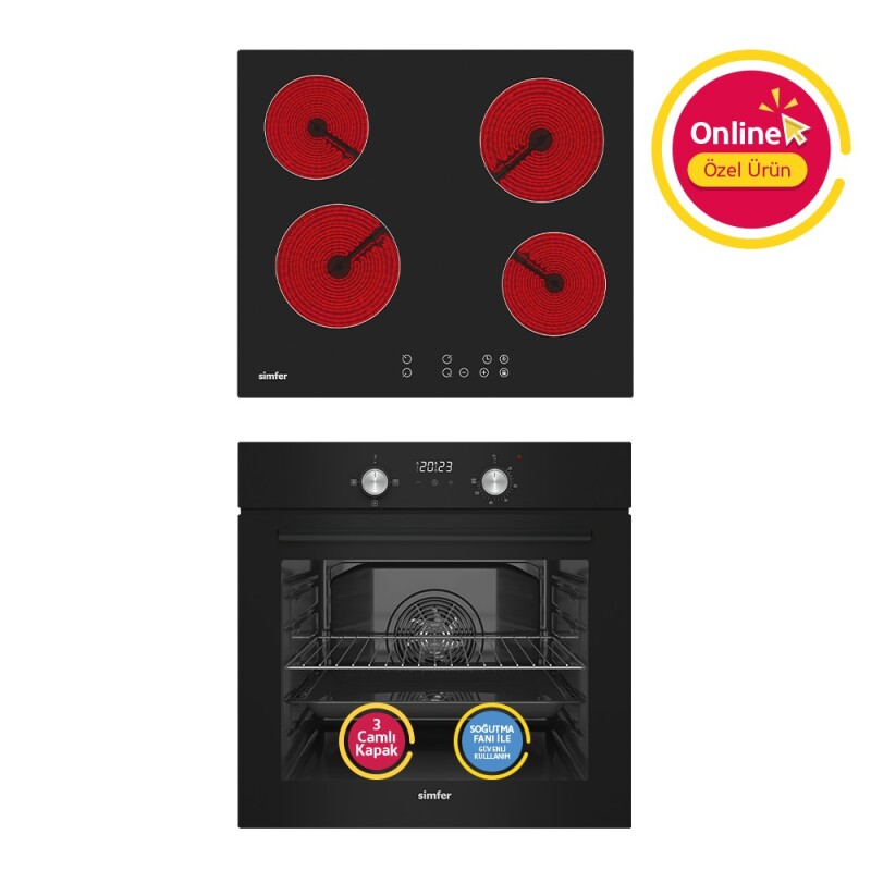Simfer 4 Fonksiyon Trend Dijital Siyah Power Turbo Elektrikli 2'li Ankastre Set (Fırın + Elektrikli Ocak) - 1