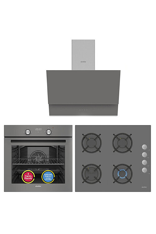 Simfer 4 Fonksiyon Trend Dijital Silver Power Turbo 3'lü Ankastre Set (Fırın + Ocak + Davlumbaz) - Simfer