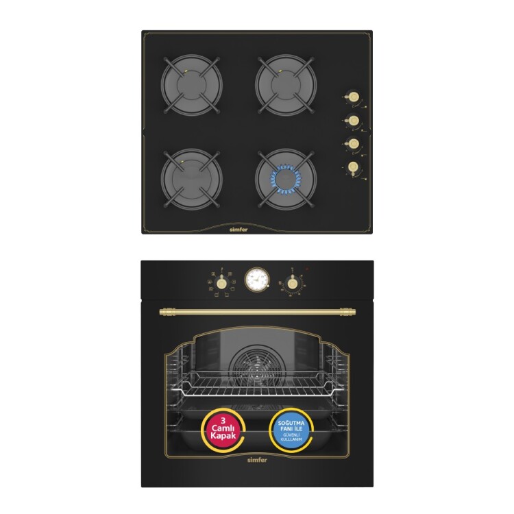 Simfer 8 Fonksiyon Retro Siyah Multi Turbo 2'li Ankastre Set (7349 Fırın + 3325 Ocak) - Simfer