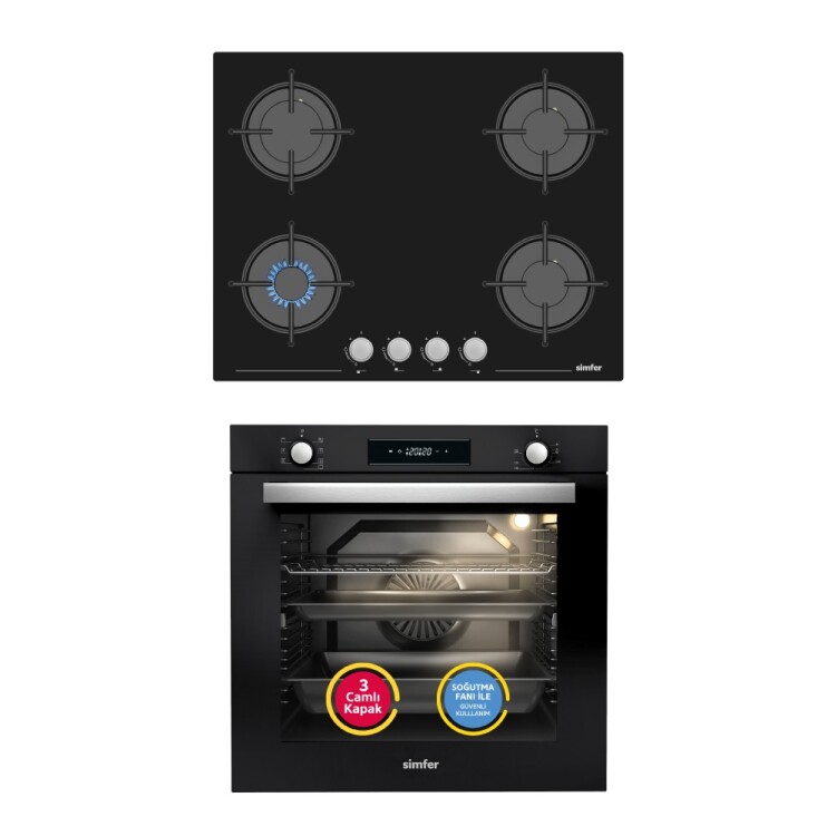 Simfer 8 Fonksiyon Siyah Multi Turbo Dijital 2'li Ankastre Set (7381 Fırın + 3653 Ocak) - Simfer
