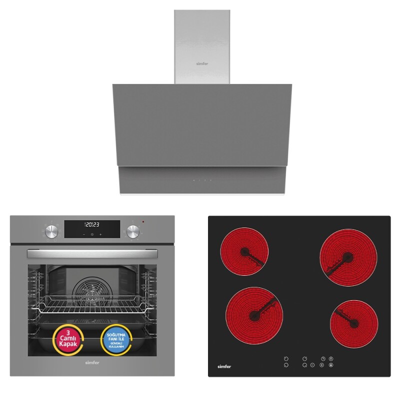 Simfer 9 Fonksiyon QS Gri Dijital Power Turbo Elektrikli 3'lü Ankastre Set (Fırın + Elektirikli Ocak + Davlumbaz) - 1