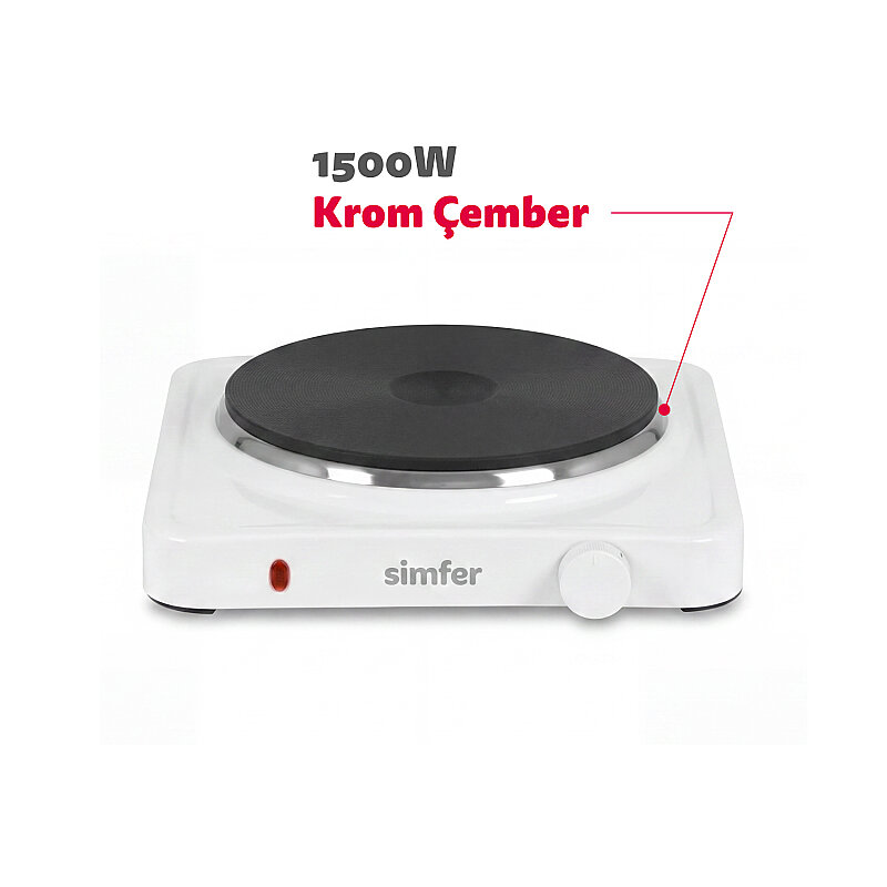 Simfer HP1500W Beyaz Hot Plate Tek Gözü Elektrikli Ocak (Çift Emniyetli Termostat , 1500W Krom Çember) - 2