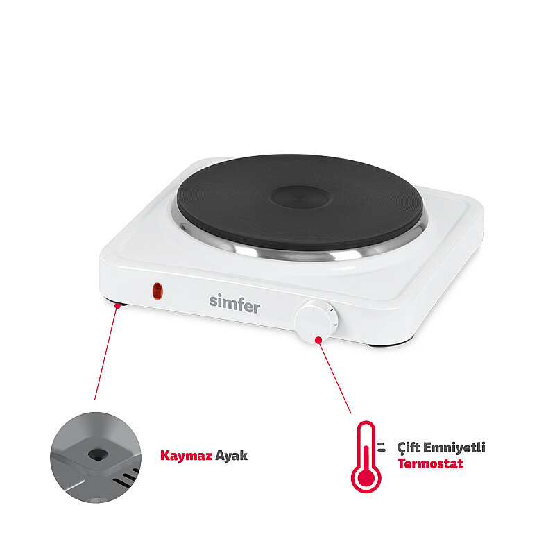 Simfer HP1500W Beyaz Hot Plate Tek Gözü Elektrikli Ocak (Çift Emniyetli Termostat , 1500W Krom Çember) - 1