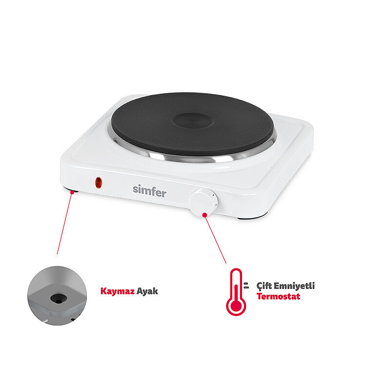 Simfer HP1500W Beyaz Hot Plate Tek Gözü Elektrikli Ocak (Çift Emniyetli Termostat , 1500W Krom Çember) - SİMFER