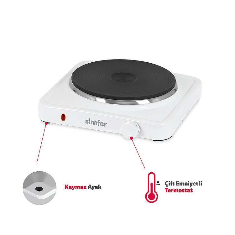 Simfer HP1500W Beyaz Hot Plate Tek Gözü Elektrikli Ocak (Çift Emniyetli Termostat , 1500W Krom Çember) - SİMFER
