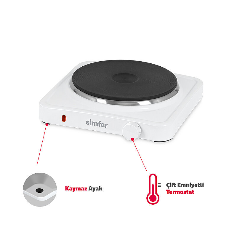 Simfer HP1500W Beyaz Hot Plate Tek Gözü Elektrikli Ocak (Çift Emniyetli Termostat , 1500W Krom Çember) - 1