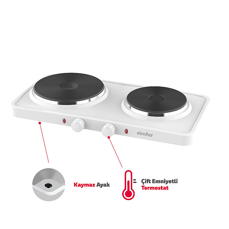 Simfer HP2500W Beyaz Hot Plate İki Gözlü Elektrikli Ocak (Çift Emniyetli Termostat , 2500W Krom Çember) - SİMFER